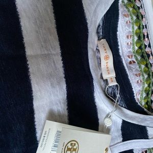 Tory Burch Navy Blue Brushed Linen Stripe Tank Top Size M New with Tags